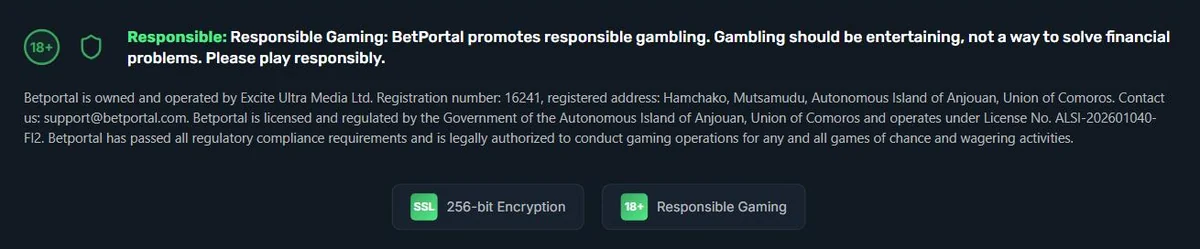 BetPortal site footer stating the site is owned and operated by Excite Ultra Media Ltd, registration number 16241, registered in Mutsamudu, Autonomous Island of Anjouan, Union of Comoros, and licensed under number ALSI-202601040-FI2.