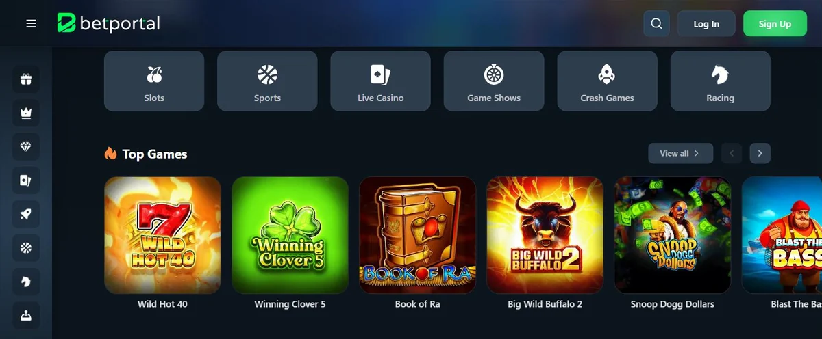 BetPortal lobby with a single navigation row containing Slots, Sports, Live Casino, Game Shows, Crash Games and Racing, above a Top Games row of slot titles.