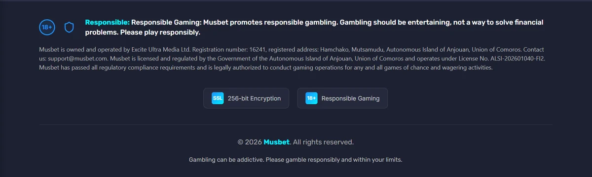 Musbet site footer stating that Musbet is owned and operated by Excite Ultra Media Ltd, registration number 16241, registered in Hamchako, Mutsamudu, Autonomous Island of Anjouan, Union of Comoros, and licensed under number ALSI-202601040-FI2.