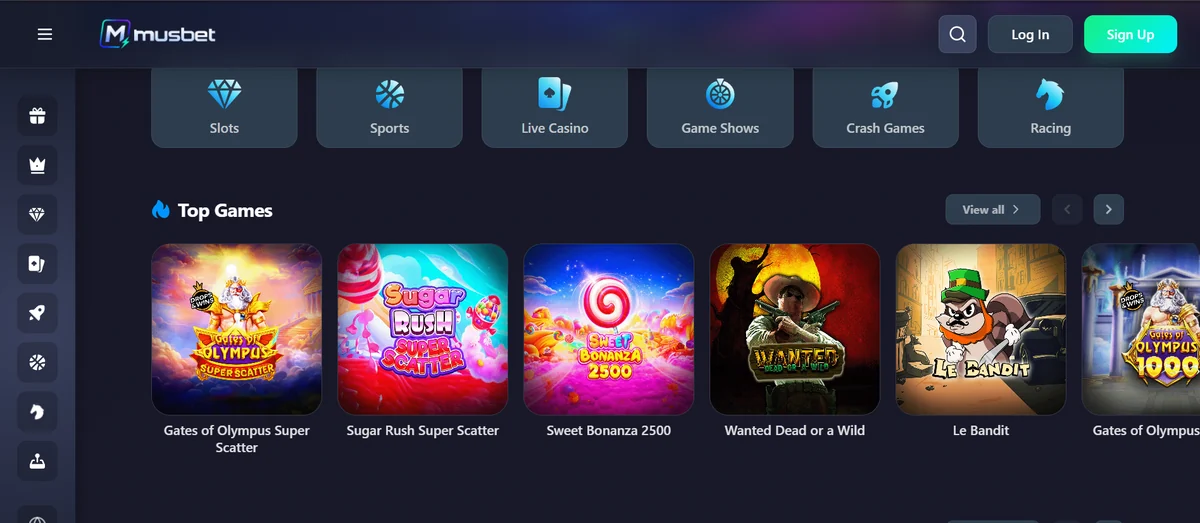 Musbet lobby showing the Musbet logo and a navigation row containing Slots, Sports, Live Casino, Game Shows, Crash Games and Racing, above a Top Games row of slot thumbnails.